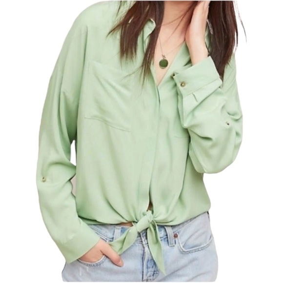 Anthropologie Button Down Blouse Top Green Size Small - Picture 1 of 6